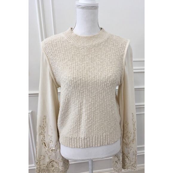 Anthropologie Textured Eyelet Twofer Sweater Vest Top Embroidered Beige Sz M - Picture 6 of 16